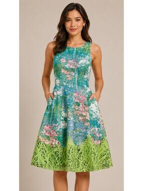 Tracy Reese Revisited Impressionist Garden Dress Womens Sze 4 Floral Fit & Flare